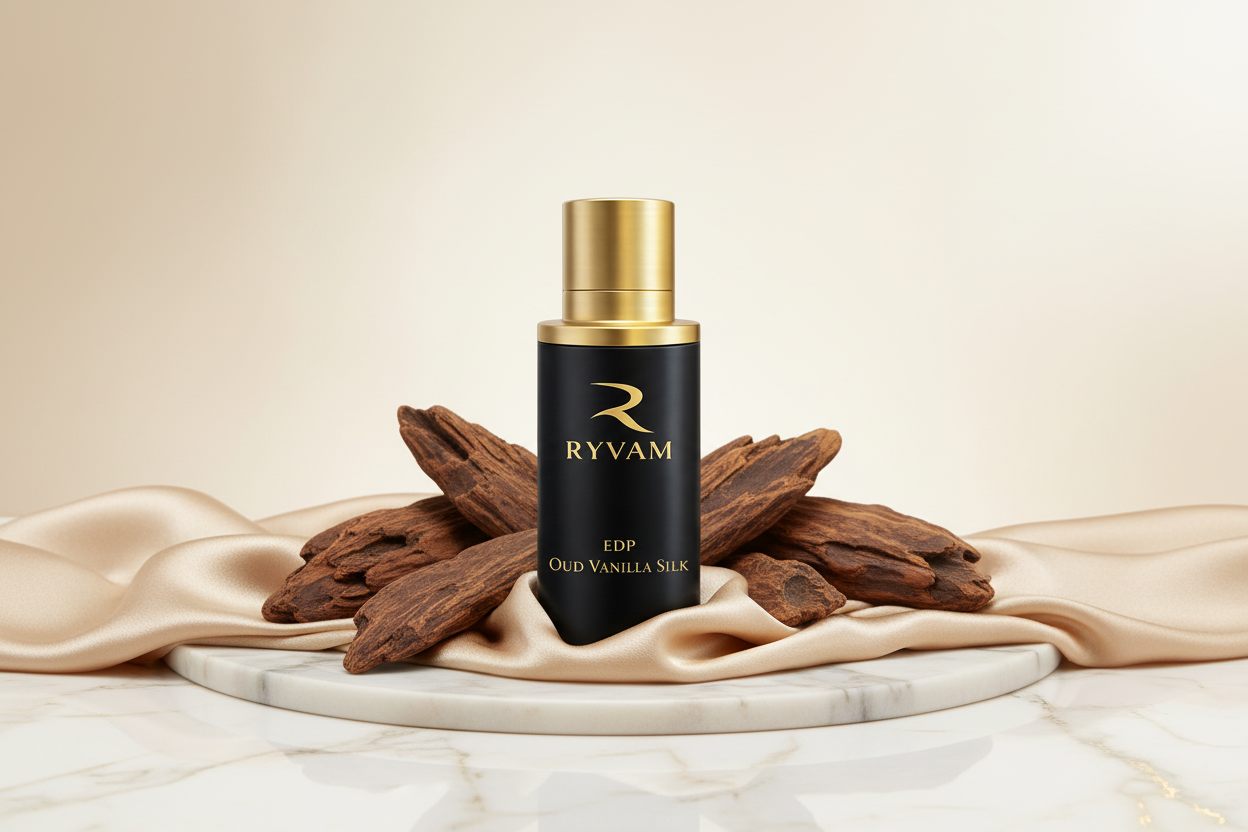 Ryvam luxury hero banner with marble, oud wood, and silk