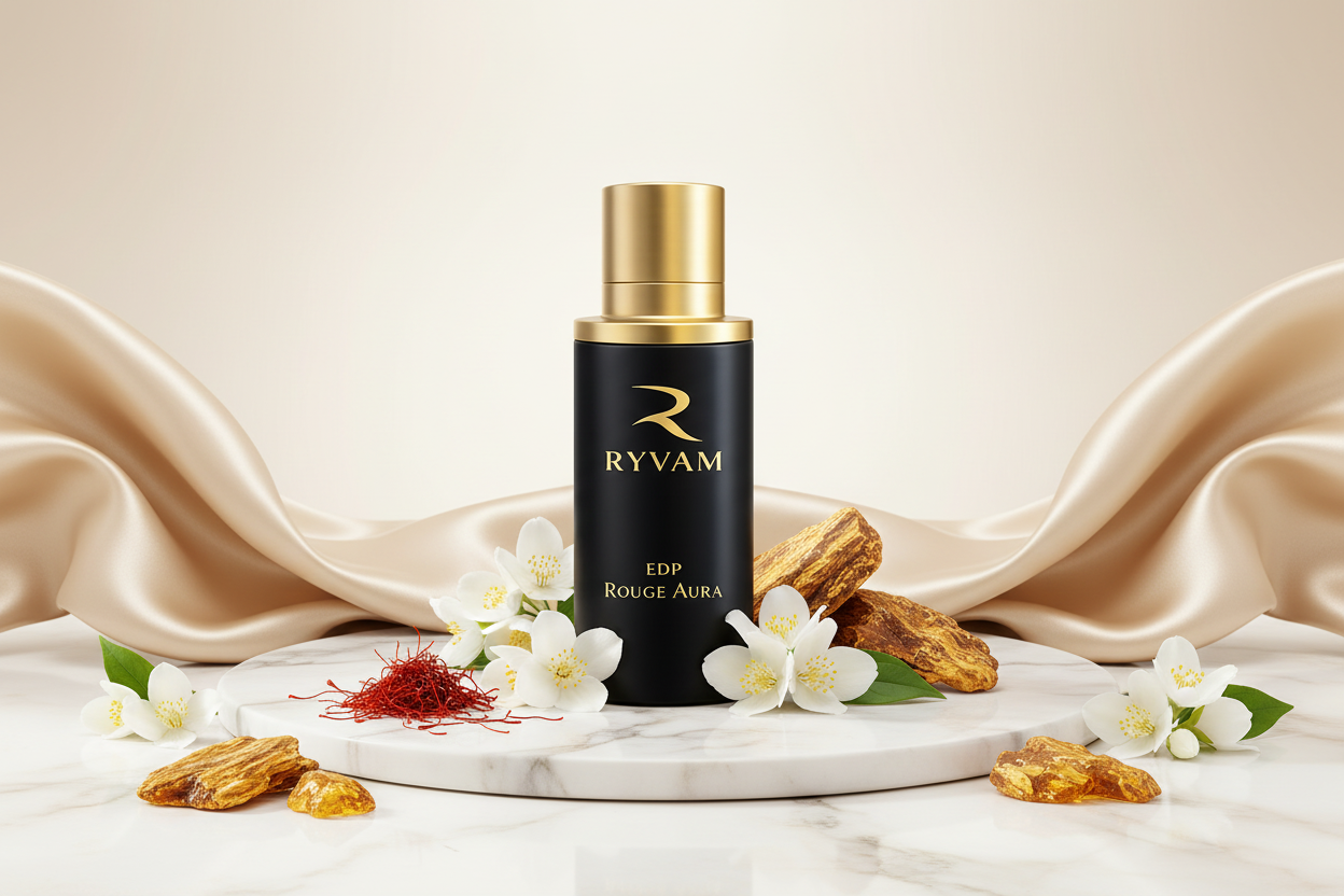 Ryvam Rouge Aura luxury hero banner with saffron, jasmine, and amberwood